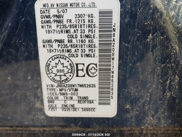 Продаж на аукціоні авто 2007 Nissan Murano Sl/se/s, vin: JN8AZ08W17W652835, номер лоту: 30094438