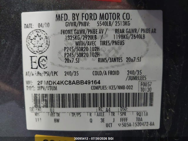 Aukcja sprzedaży 2010 Ford Edge Limited, vin: 2FMDK4KC8ABB49164, numer aukcji: 30095412