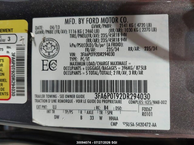 30094074 :رقم المزاد ، 3FA6P0T92DR294030 vin ، 2013 Ford Fusion Se مزاد بيع