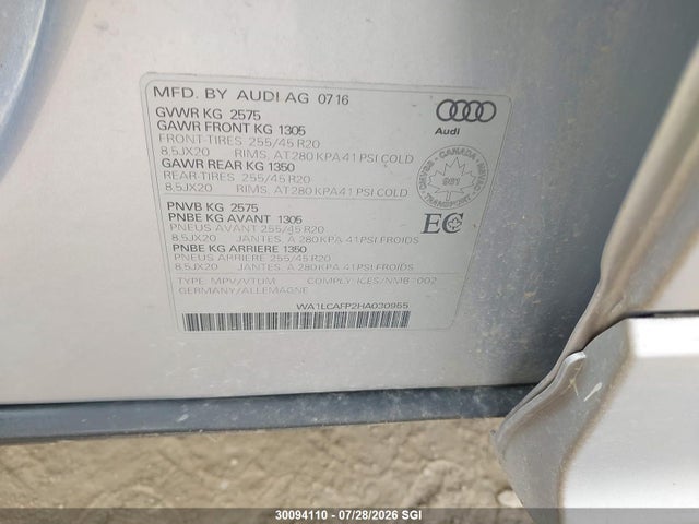 2017 Audi Sq5 Technik მანქანა იყიდება აუქციონზე, vin: WA1LCAFP2HA030955, აუქციონის ნომერი: 30094110