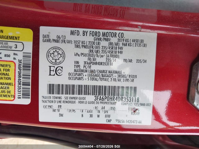 30094404 :رقم المزاد ، 3FA6P0HR4DR353118 vin ، 2013 Ford Fusion Se مزاد بيع