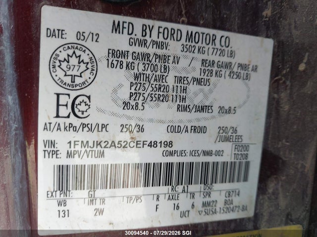 Aukcja sprzedaży 2012 Ford Expedition El Limited, vin: 1FMJK2A52CEF48198, numer aukcji: 30094540
