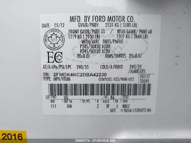 Продажа на аукционе авто 2013 Ford Edge Limited, vin: 2FMDK4KC2DBA42230, номер лота: 30095174