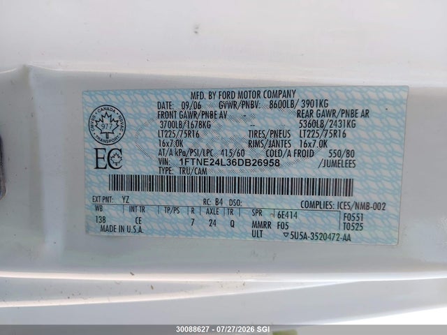 2006 Ford Econoline E250 Van მანქანა იყიდება აუქციონზე, vin: 1FTNE24L36DB26958, აუქციონის ნომერი: 30088627