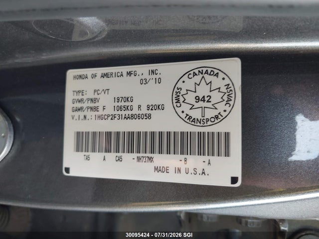Aukcja sprzedaży 2010 Honda Accord Lx, vin: 1HGCP2F31AA806058, numer aukcji: 30095424