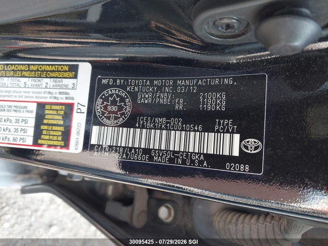 30095425 :رقم المزاد ، 4T1BK1FK1CU010546 vin ، 2012 Toyota Camry Se/xle مزاد بيع