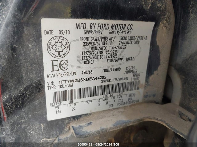 2011 Ford F250 Super Duty მანქანა იყიდება აუქციონზე, vin: 1FT7W2B6XBEA44202, აუქციონის ნომერი: 30095428