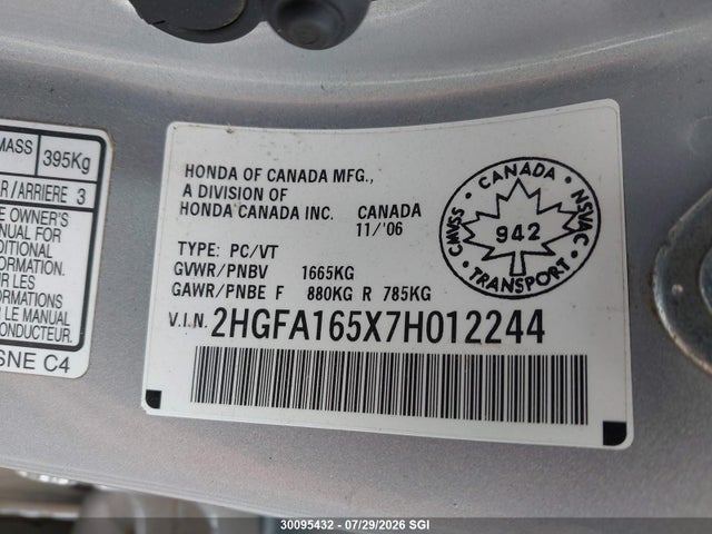 30095432 :رقم المزاد ، 2HGFA165X7H012244 vin ، 2007 Honda Civic Lx مزاد بيع
