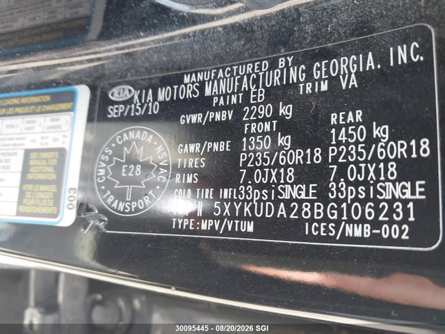 Продажа на аукционе авто 2011 Kia Sorento Ex, vin: 5XYKUDA28BG106231, номер лота: 30095445