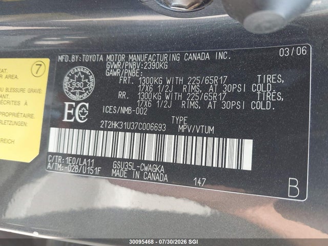 2007 Lexus Rx 350 მანქანა იყიდება აუქციონზე, vin: 2T2HK31U37C006693, აუქციონის ნომერი: 30095468