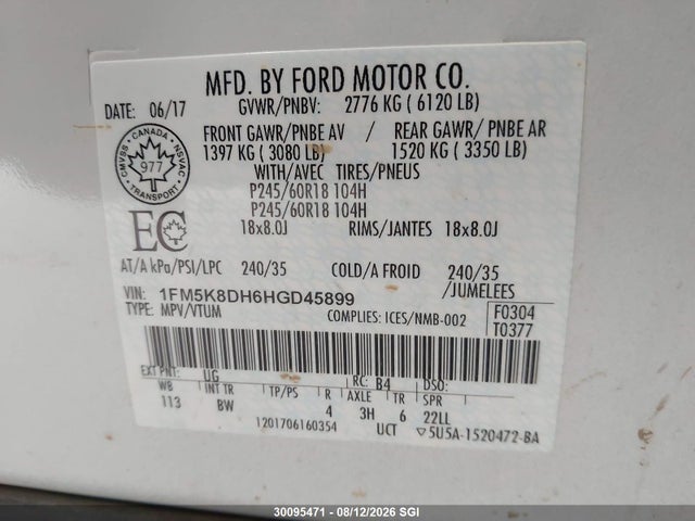 30095471 :رقم المزاد ، 1FM5K8DH6HGD45899 vin ، 2017 Ford Explorer Xlt مزاد بيع