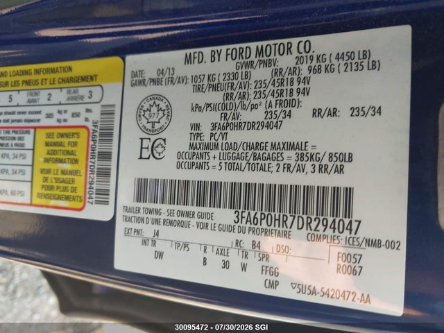 Продажа на аукционе авто 2013 Ford Fusion Se, vin: 3FA6P0HR7DR294047, номер лота: 30095472