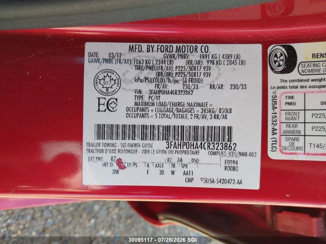 Продажа на аукционе авто 2012 Ford Fusion Se, vin: 3FAHP0HA4CR323862, номер лота: 30095117