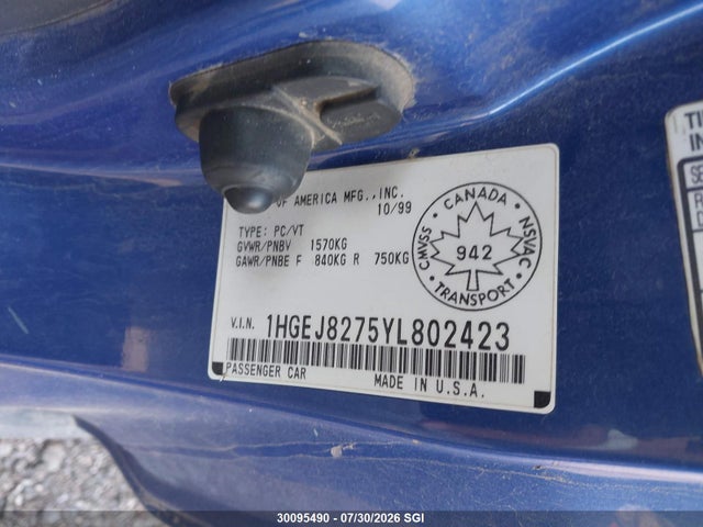 Продажа на аукционе авто 2000 Honda Civic Si, vin: 1HGEJ8275YL802423, номер лота: 30095490