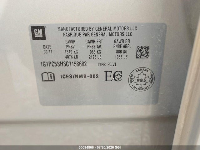 Продажа на аукционе авто 2012 Chevrolet Cruze Ls, vin: 1G1PC5SH3C7158682, номер лота: 30094866