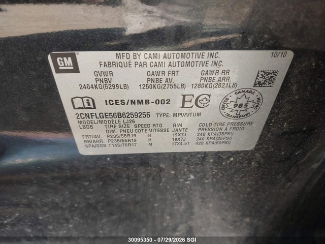 30095350 :رقم المزاد ، 2CNFLGE56B6259256 vin ، 2011 Chevrolet Equinox Ltz مزاد بيع