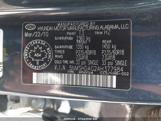 2010 Hyundai Santa Fe Se მანქანა იყიდება აუქციონზე, vin: 5NMSHDAG2AH377984, აუქციონის ნომერი: 30095336