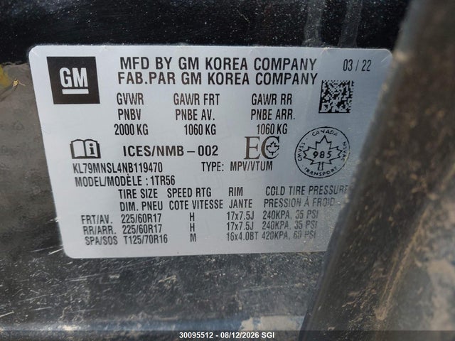 30095512 :رقم المزاد ، KL79MNSL4NB119470 vin ، 2022 Chevrolet Trailblazer Ls مزاد بيع