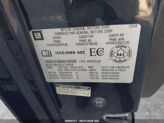 Продажа на аукционе авто 2009 Gmc Acadia Slt-1, vin: 1GKEV23D99J190328, номер лота: 30095517