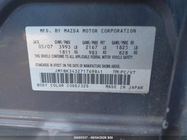 30095537 :رقم المزاد ، JM1BK343271769841 vin ، 2007 Mazda 3 Hatchback مزاد بيع