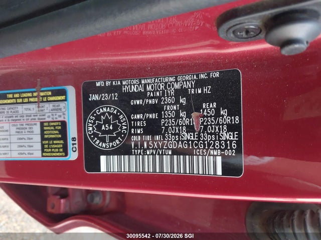 2012 Hyundai Santa Fe Gls მანქანა იყიდება აუქციონზე, vin: 5XYZGDAG1CG128316, აუქციონის ნომერი: 30095542