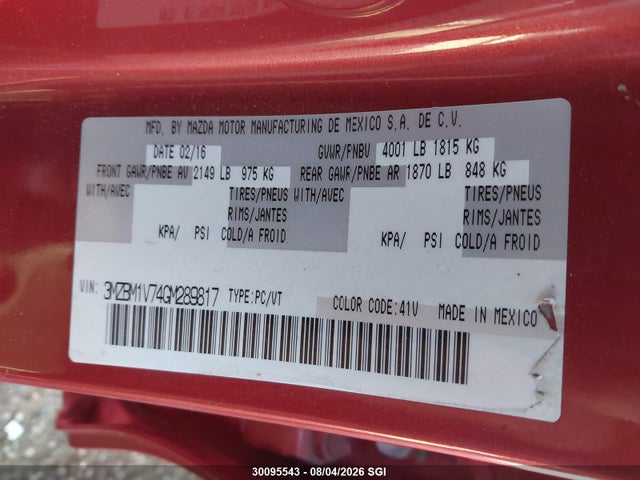 2016 Mazda 3 Touring მანქანა იყიდება აუქციონზე, vin: 3MZBM1V74GM289817, აუქციონის ნომერი: 30095543
