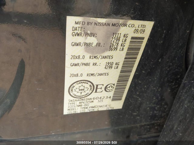 30095554 :رقم المزاد ، 5N1AA0NE0AN604234 vin ، 2010 Nissan Armada Platinum مزاد بيع