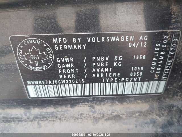 30095555 :رقم المزاد ، WVWHV7AJ6CW330215 vin ، 2012 Volkswagen Gti مزاد بيع