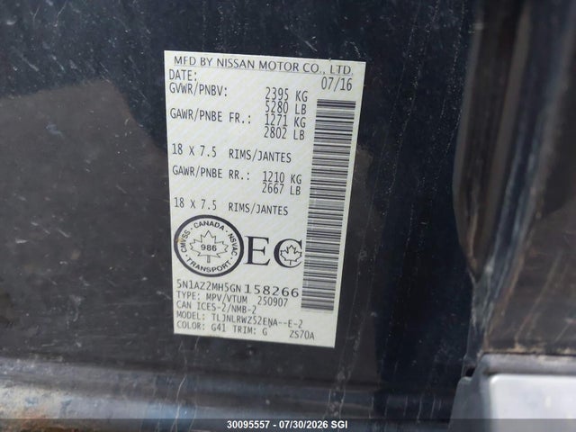 5N1AZ2MH5GN158266 Nissan Murano S/sl/sv/platinum