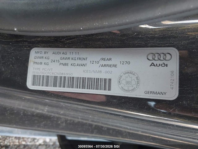 Продажа на аукционе авто 2012 Audi A7 Prestige, vin: WAU3GCFC6CN086950, номер лота: 30095564
