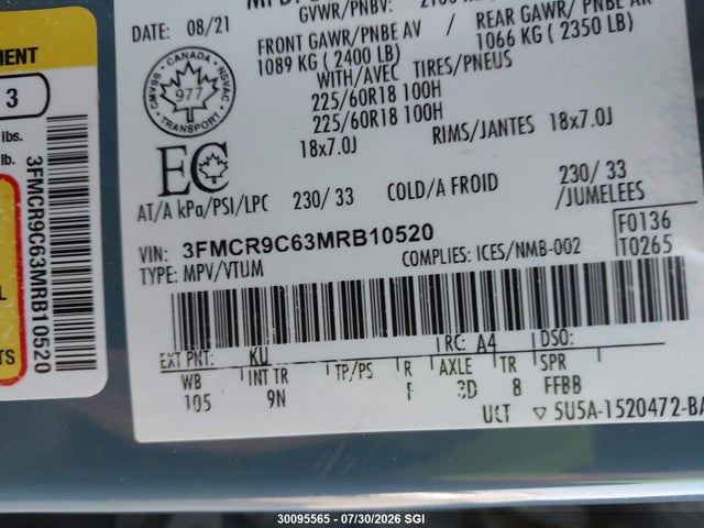 2021 Ford Bronco Sport Outer Banks მანქანა იყიდება აუქციონზე, vin: 3FMCR9C63MRB10520, აუქციონის ნომერი: 30095565