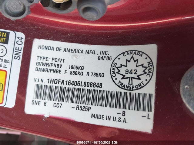 30095571 :رقم المزاد ، 1HGFA16406L808848 vin ، 2006 Honda Civic Lx مزاد بيع