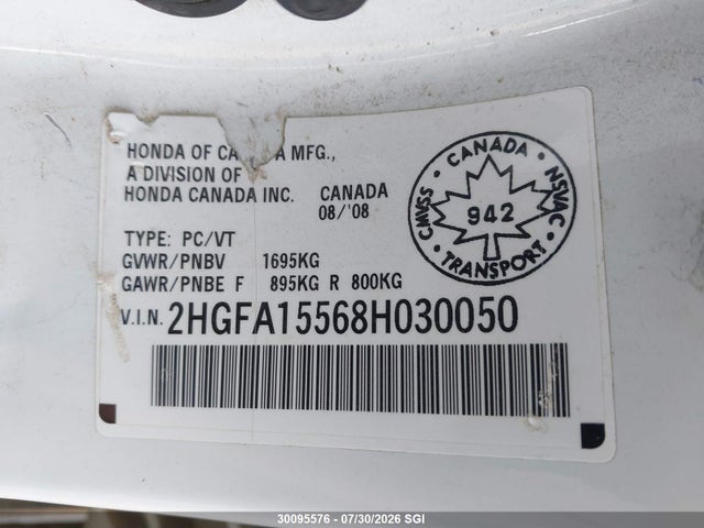 2008 Honda Civic Lx მანქანა იყიდება აუქციონზე, vin: 2HGFA15568H030050, აუქციონის ნომერი: 30095576