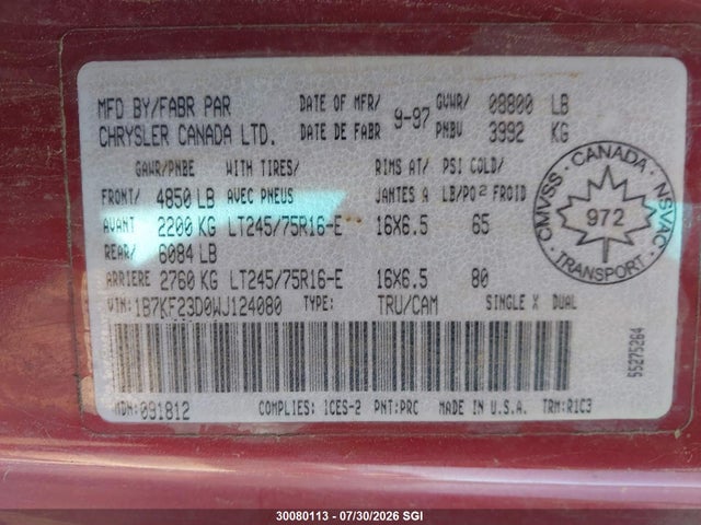 Продаж на аукціоні авто 1998 Dodge Ram 2500, vin: 1B7KF23D0WJ124080, номер лоту: 30080113