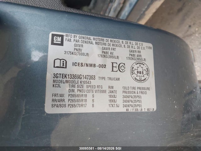 Aukcja sprzedaży 2009 Gmc Sierra K1500, vin: 3GTEK13369G147363, numer aukcji: 30095581