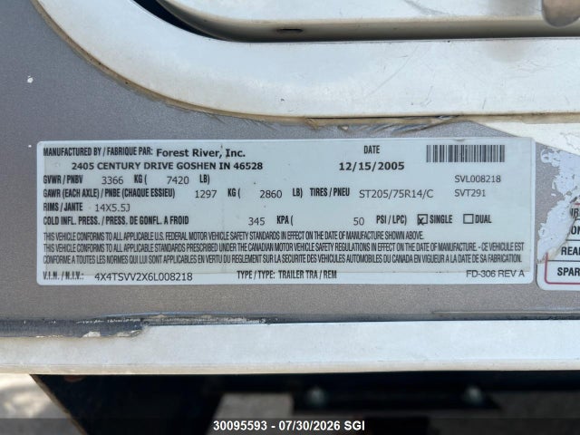 30095593 :رقم المزاد ، 4X4TSVV2X6L008218 vin ، 2006 Forest River Inc. Surveyor Sv 291 مزاد بيع
