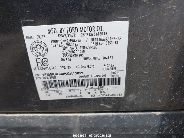 Ford EXPLORER XLT 2019 1FM5K8D80KGA13819 Image 9