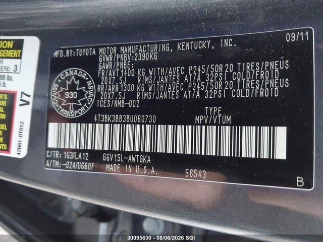 Продажа на аукционе авто 2011 Toyota Venza, vin: 4T3BK3BB3BU060730, номер лота: 30095630