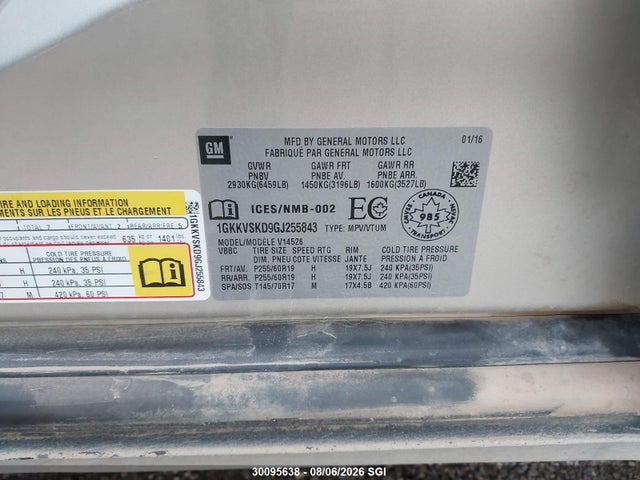 2016 Gmc Acadia Slt-2 მანქანა იყიდება აუქციონზე, vin: 1GKKVSKD9GJ255843, აუქციონის ნომერი: 30095638
