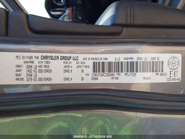 Aukcja sprzedaży 2012 Jeep Grand Cherokee Overland, vin: 1C4RJFCG0CC262409, numer aukcji: 30095615