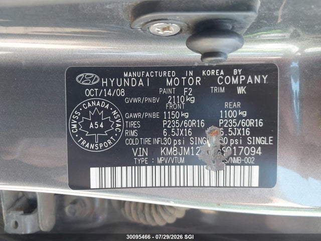 2009 Hyundai Tucson Gls მანქანა იყიდება აუქციონზე, vin: KM8JM12D89U017094, აუქციონის ნომერი: 30095466