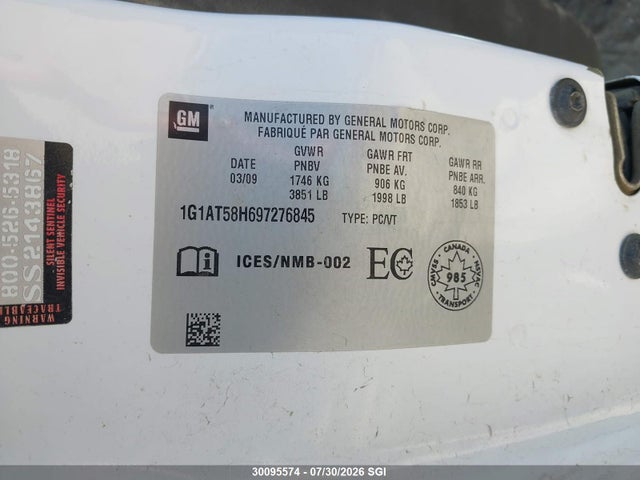 Aukcja sprzedaży 2009 Chevrolet Cobalt Lt, vin: 1G1AT58H697276845, numer aukcji: 30095574