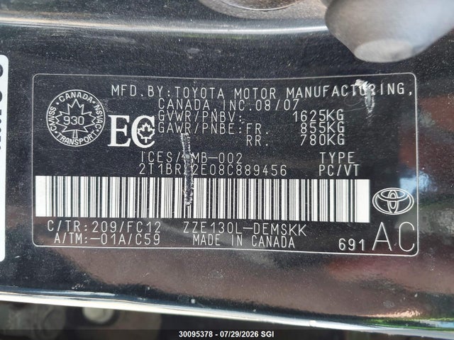 Продаж на аукціоні авто 2008 Toyota Corolla Ce/le/s, vin: 2T1BR32E08C889456, номер лоту: 30095378