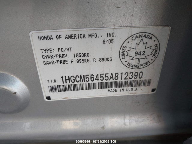 2005 Honda Accord Lx მანქანა იყიდება აუქციონზე, vin: 1HGCM56455A812390, აუქციონის ნომერი: 30095666