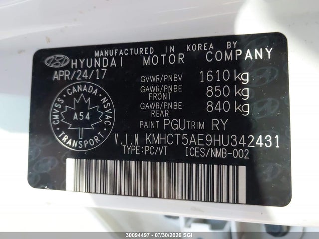 KMHCT5AE9HU342431 Hyundai ACCENT SE