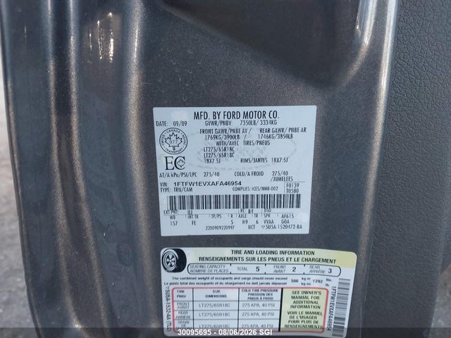 30095695 :رقم المزاد ، 1FTFW1EVXAFA46954 vin ، 2010 Ford F150 Supercrew مزاد بيع