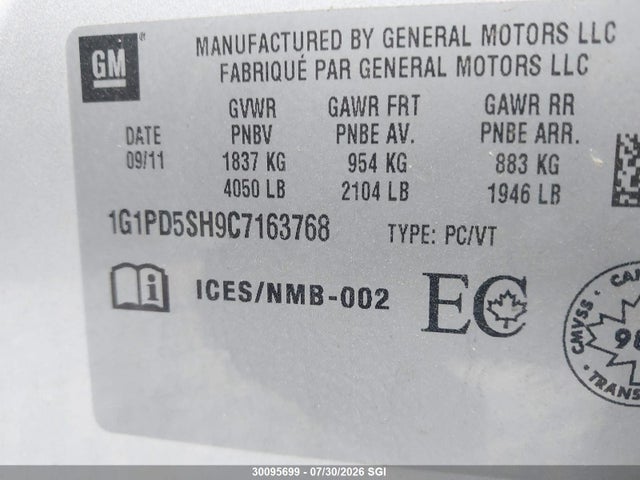 Aukcja sprzedaży 2012 Chevrolet Cruze Ls, vin: 1G1PD5SH9C7163768, numer aukcji: 30095699