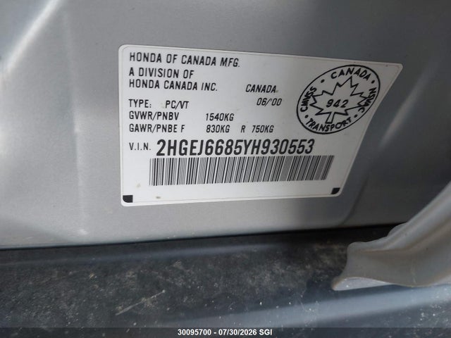 30095700 :رقم المزاد ، 2HGEJ6685YH930553 vin ، 2000 Honda Civic Ex مزاد بيع