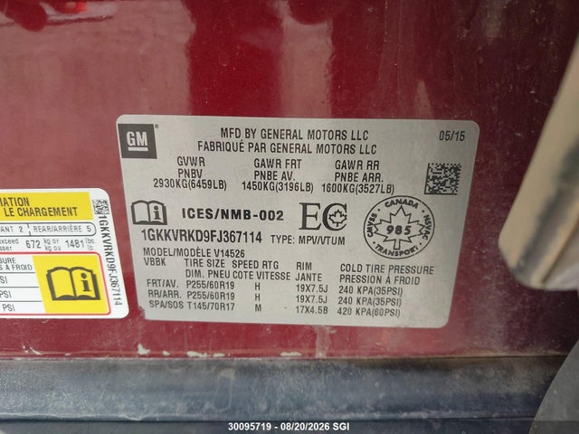 GMC Acadia Slt-1 2015 1GKKVRKD9FJ367114 Image 9