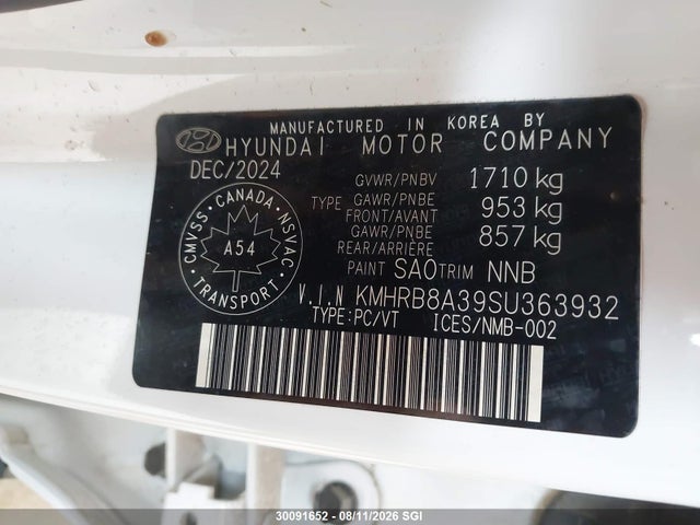 Продажа на аукционе авто 2025 Hyundai Venue Se, vin: KMHRB8A39SU363932, номер лота: 30091652